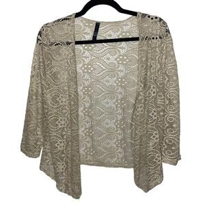 Ashley Blue Taupe Lace Open Front Cardigan Boho Sheer Crochet Size Medium